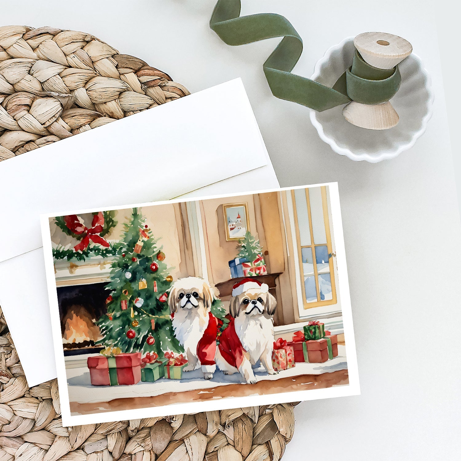 Pekingese Cozy Christmas Greeting Cards Pack of 8 Blank Cards with Envelopes Whimsical A7 Size 5x7