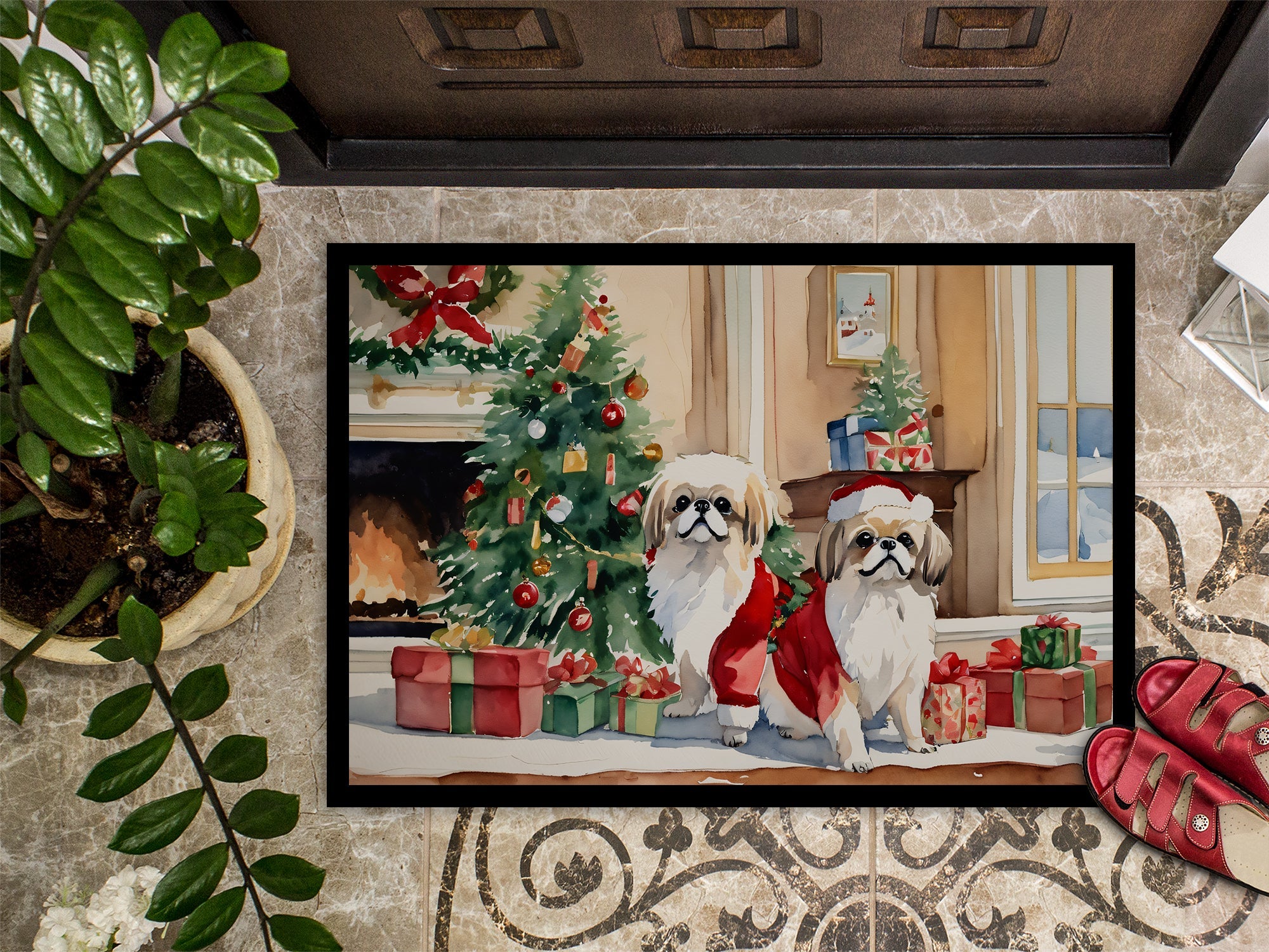 Pekingese Cozy Christmas Doormat Indoor Outdoor 18H X 27W Front Door Mat Rugs for Entryway, Non Slip Washable