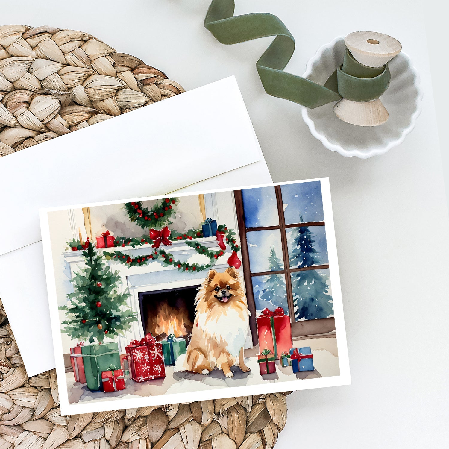 Pomeranian Cozy Christmas Greeting Cards Pack of 8 Blank Cards with Envelopes Whimsical A7 Size 5x7