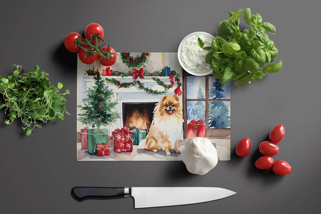 Pomeranian Cozy Christmas Cutting Board Tempered Glass Kitchen Cutting Surface, Heat Resistant Chopping, Non-Slip Feet, Food Prep & Serving