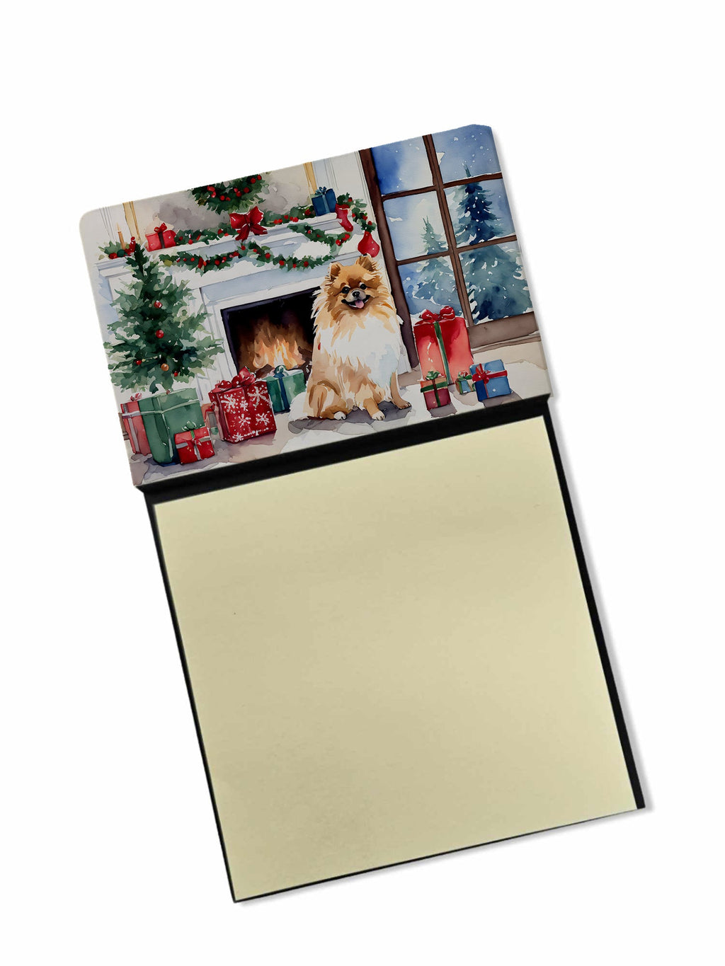 Pomeranian Cozy Christmas Watercolor Sticky Note Holder Refillable Dispenser Desk Accessory 3x3 Pad Gift