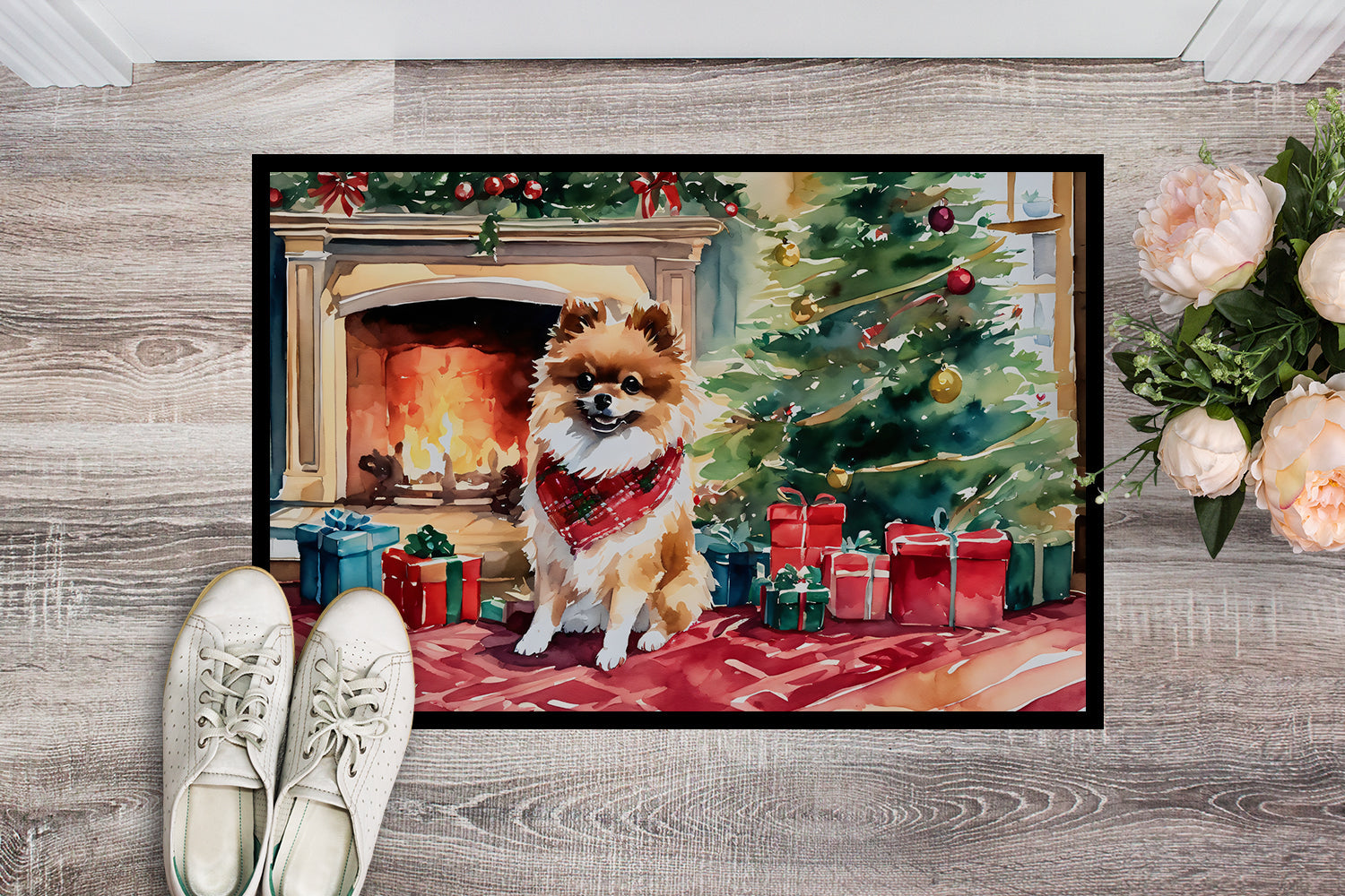 Pomeranian Cozy Christmas Doormat Indoor Outdoor 18H X 27W Front Door Mat Rugs for Entryway, Non Slip Washable