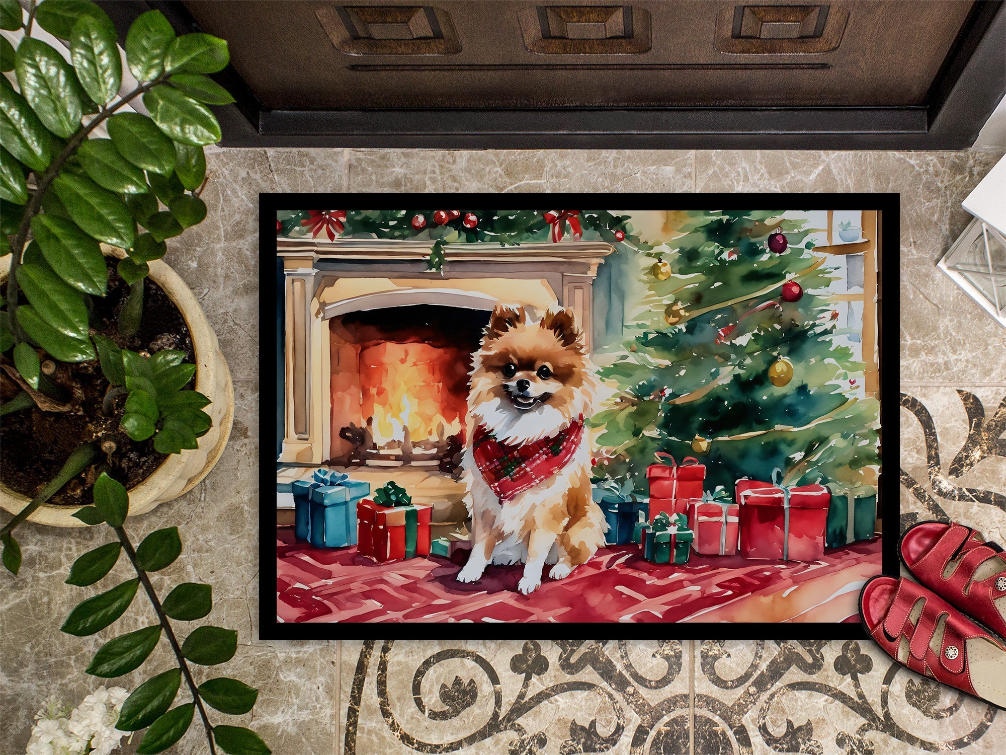 Pomeranian Cozy Christmas Doormat Indoor Outdoor 18H X 27W Front Door Mat Rugs for Entryway, Non Slip Washable
