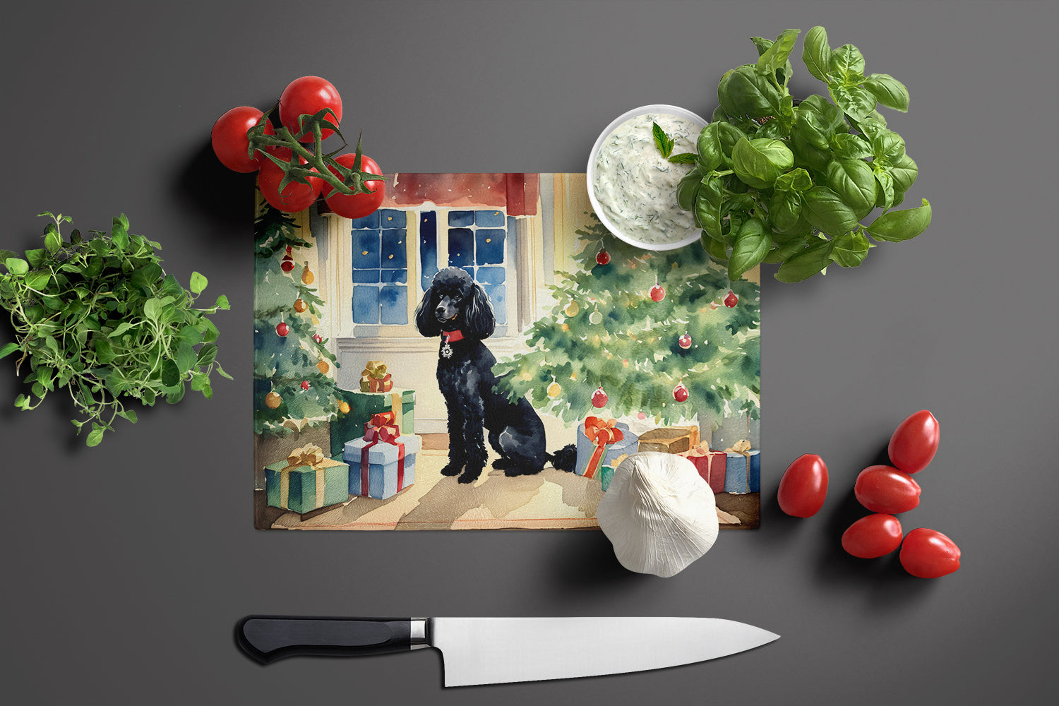 Poodle Cozy Christmas Cutting Board Tempered Glass Kitchen Cutting Surface, Heat Resistant Chopping, Non-Slip Feet, Food Prep & Serving