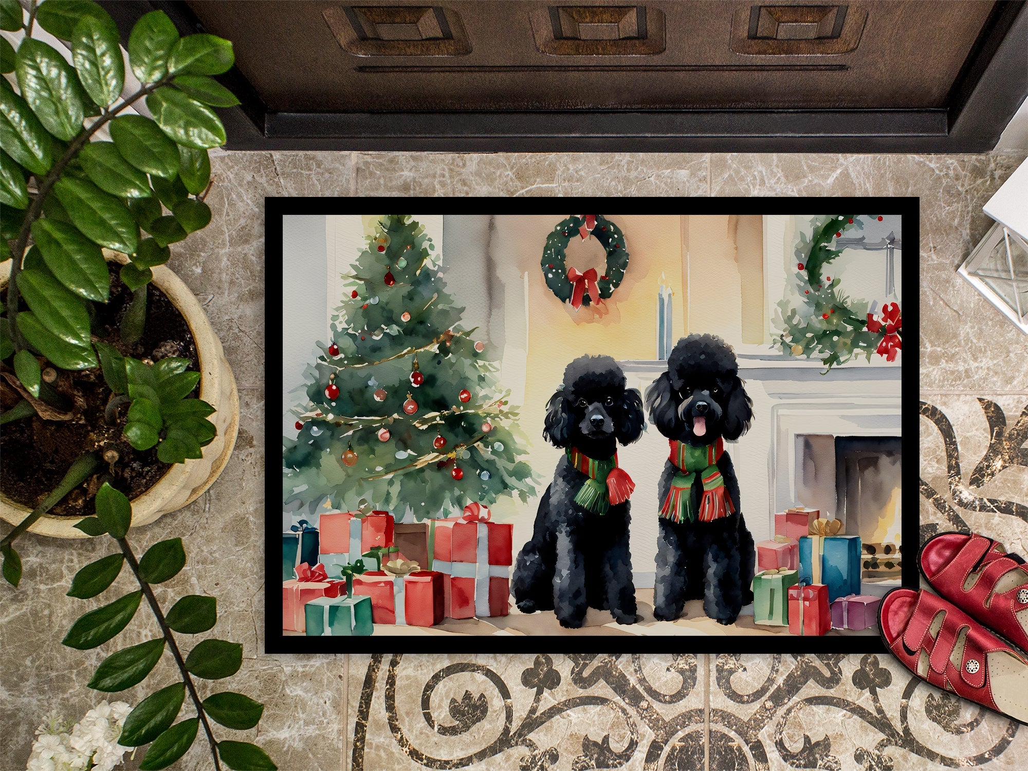 Poodle Cozy Christmas Doormat Indoor Outdoor 24H X 36W Front Door Mat Rugs for Entryway, Non Slip Washable Low Pile,