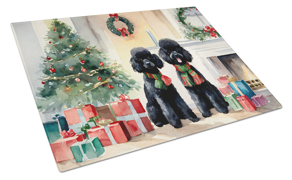 Poodle Cozy Christmas Cutting Board Tempered Glass Kitchen Cutting Surface, Heat Resistant Chopping, Non-Slip Feet, Food Prep & Serving