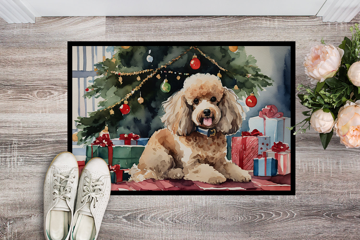 Poodle Cozy Christmas Doormat Indoor Outdoor 24H X 36W Front Door Mat Rugs for Entryway, Non Slip Washable Low Pile,