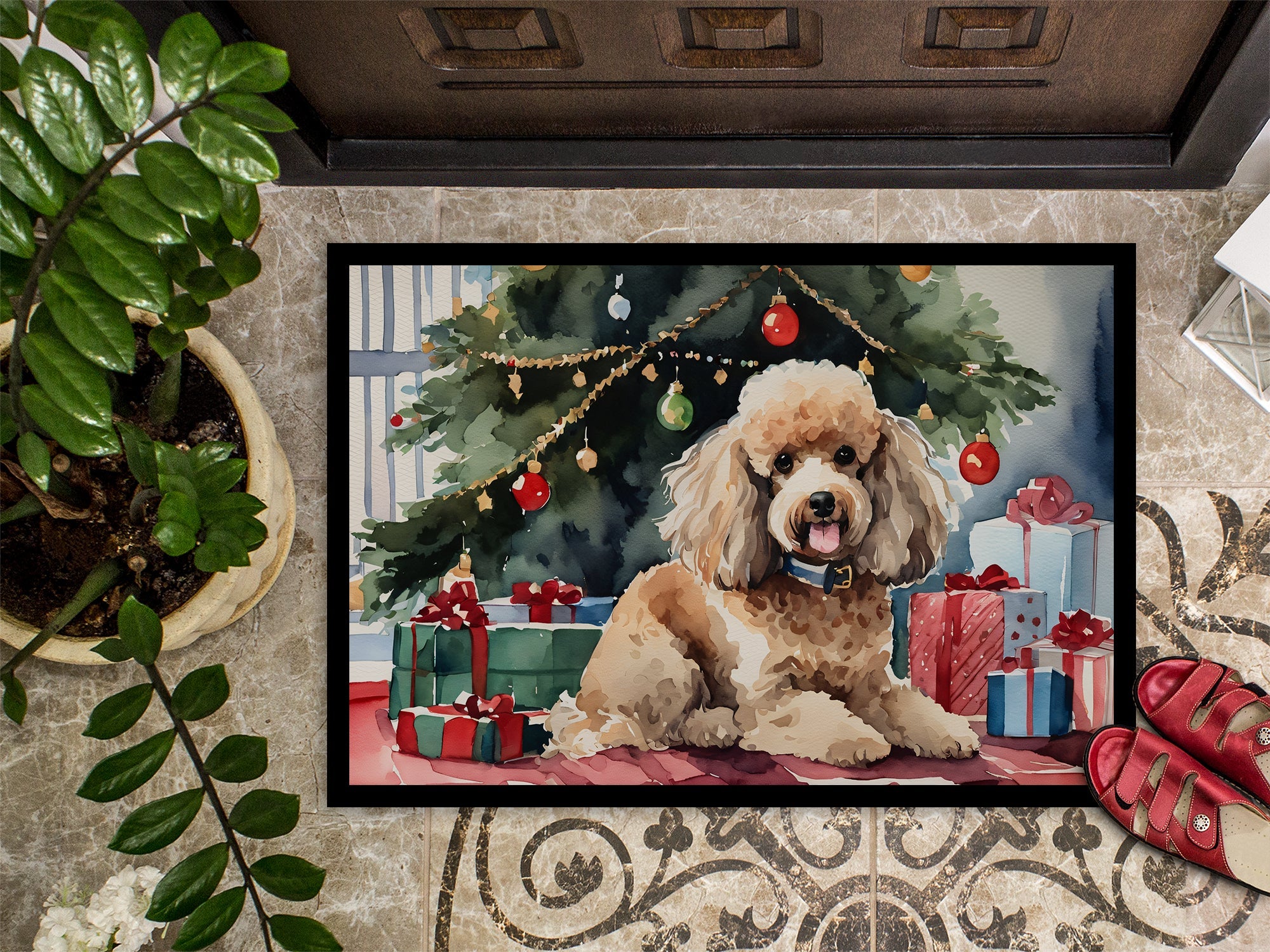 Poodle Cozy Christmas Doormat Indoor Outdoor 24H X 36W Front Door Mat Rugs for Entryway, Non Slip Washable Low Pile,