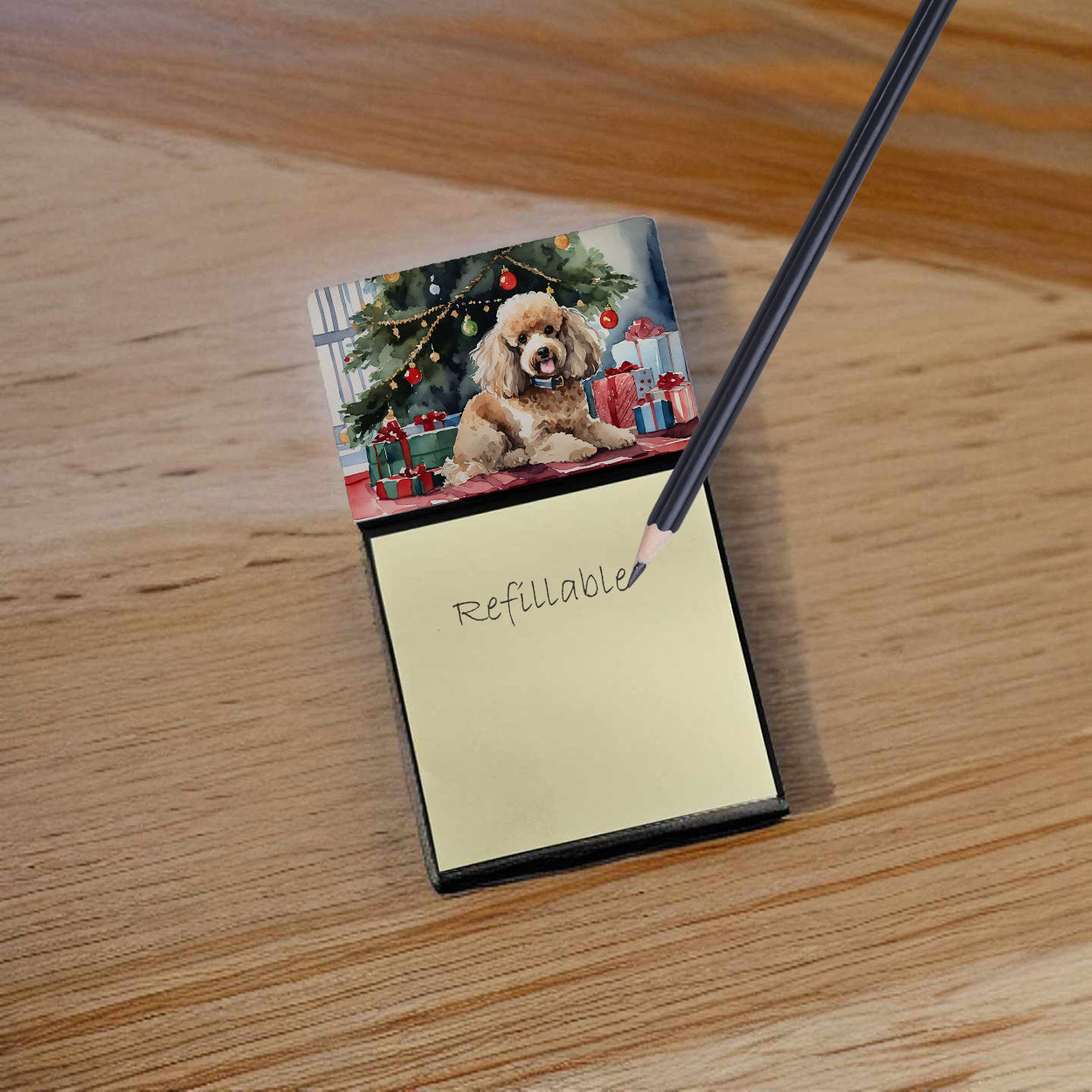 Poodle Cozy Christmas Watercolor Sticky Note Holder Refillable Dispenser Desk Accessory 3x3 Pad Gift