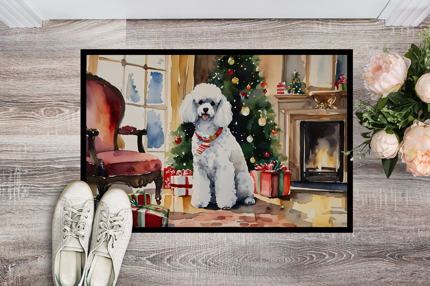 Poodle Cozy Christmas Doormat Indoor Outdoor 24H X 36W Front Door Mat Rugs for Entryway, Non Slip Washable Low Pile,