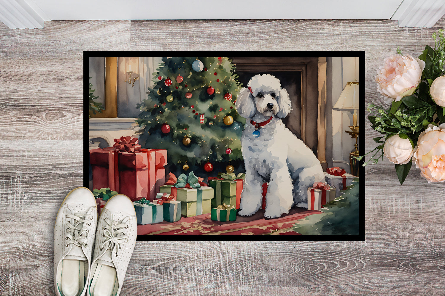 Poodle Cozy Christmas Doormat Indoor Outdoor 24H X 36W Front Door Mat Rugs for Entryway, Non Slip Washable Low Pile,