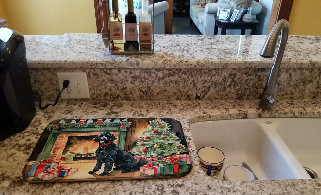 Portuguese Water Dog Cozy Christmas Dish Drying Mat Absorbent Dish Drying Mat Pad for Kitchen Counter Dish Drainer Mat for Countertop, 14 x 21", Multicolor
