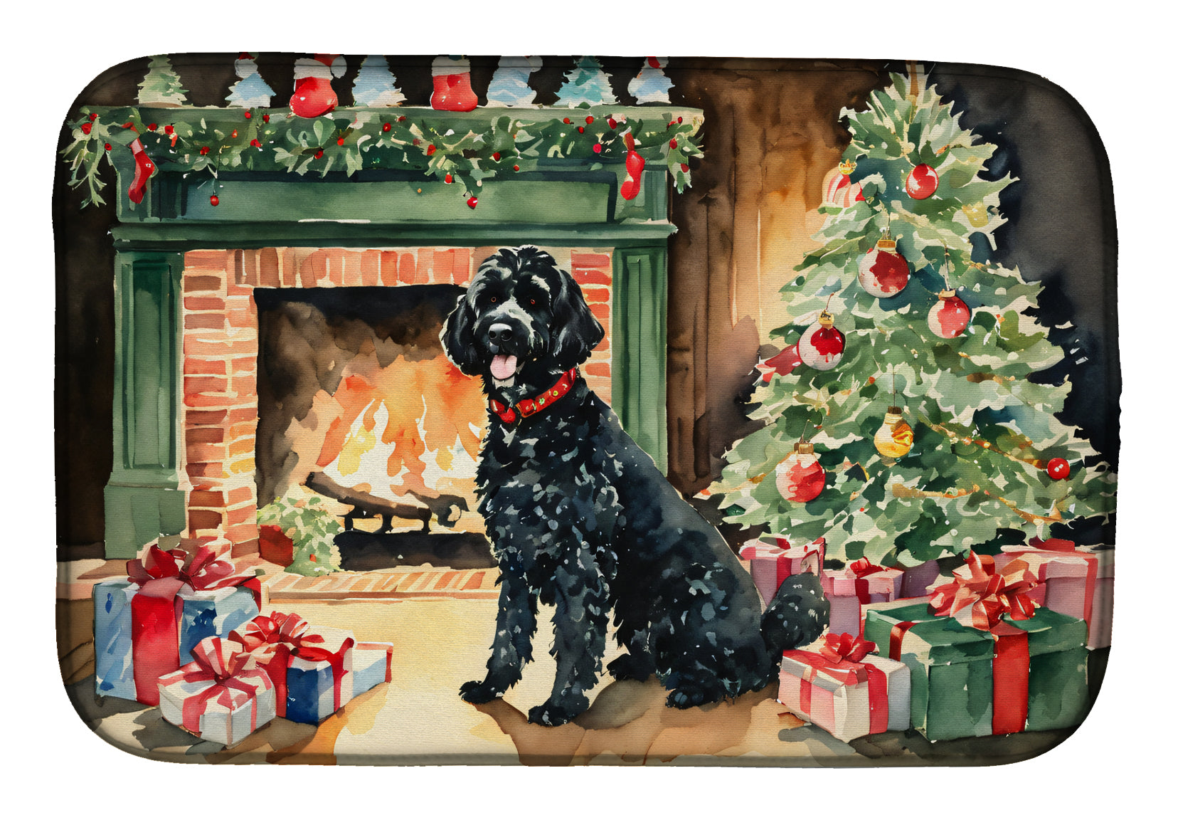 Portuguese Water Dog Cozy Christmas Dish Drying Mat Absorbent Dish Drying Mat Pad for Kitchen Counter Dish Drainer Mat for Countertop, 14 x 21", Multicolor