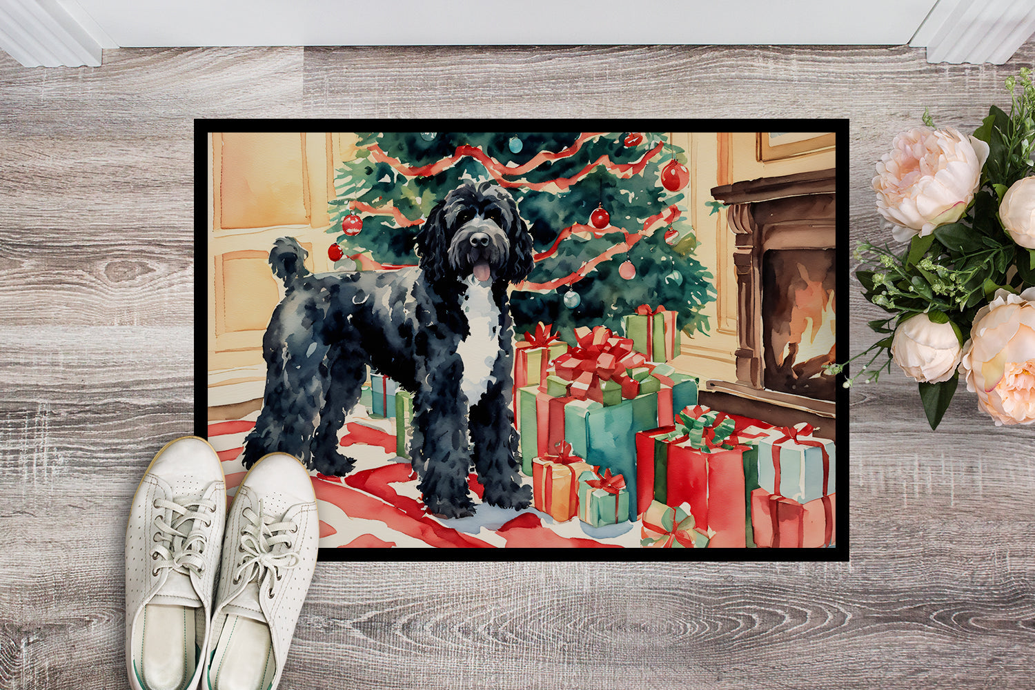 Portuguese Water Dog Cozy Christmas Doormat Indoor Outdoor 24H X 36W Front Door Mat Rugs for Entryway, Non Slip Washable Low Pile,