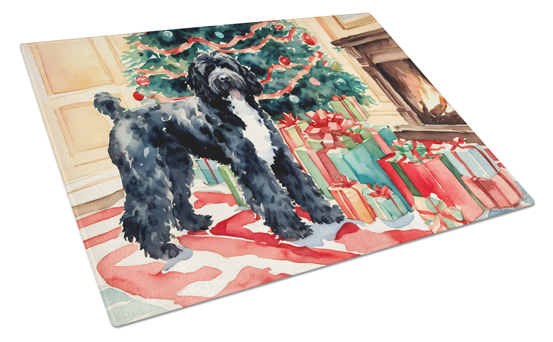 Portuguese Water Dog Cozy Christmas Cutting Board Tempered Glass Kitchen Cutting Surface, Heat Resistant Chopping, Non-Slip Feet, Food Prep & Serving