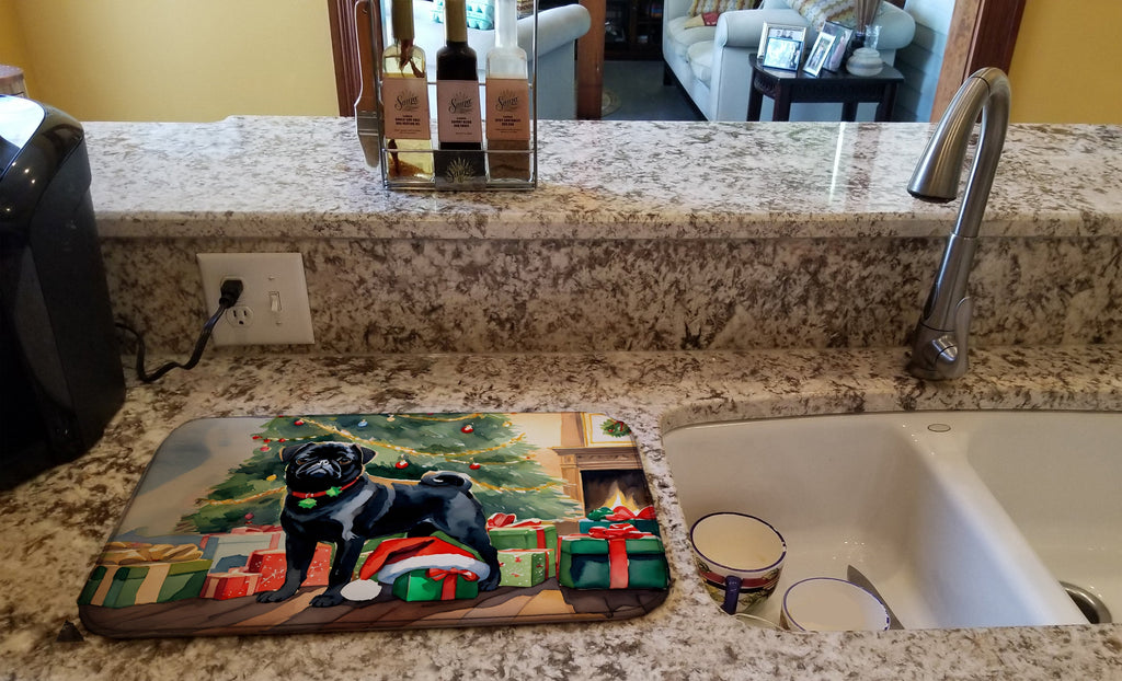 Pug Cozy Christmas Dish Drying Mat Absorbent Dish Drying Mat Pad for Kitchen Counter Dish Drainer Mat for Countertop, 14 x 21", Multicolor