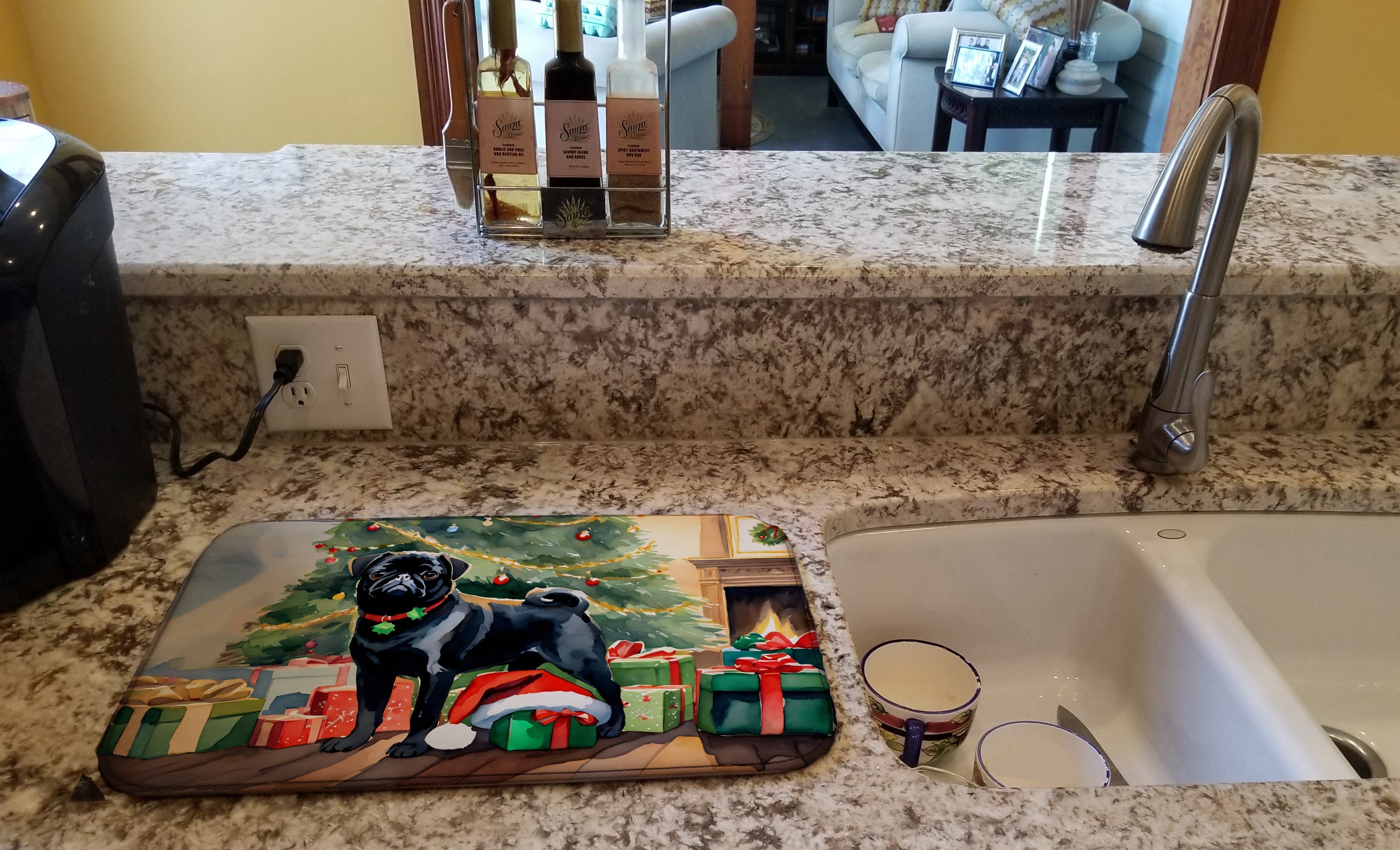 Pug Cozy Christmas Dish Drying Mat Absorbent Dish Drying Mat Pad for Kitchen Counter Dish Drainer Mat for Countertop, 14 x 21", Multicolor
