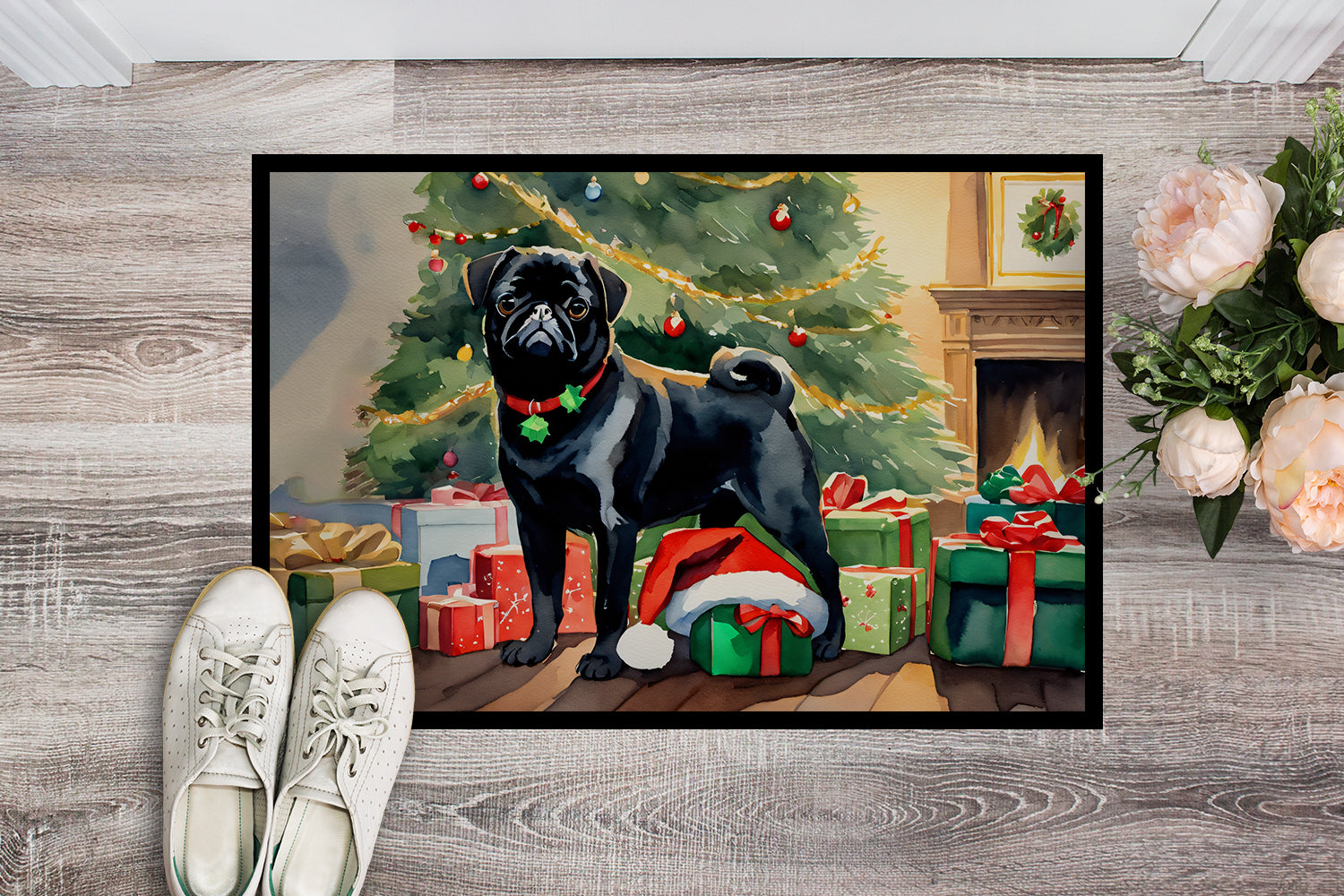 Pug Cozy Christmas Doormat Indoor Outdoor 24H X 36W Front Door Mat Rugs for Entryway, Non Slip Washable Low Pile,