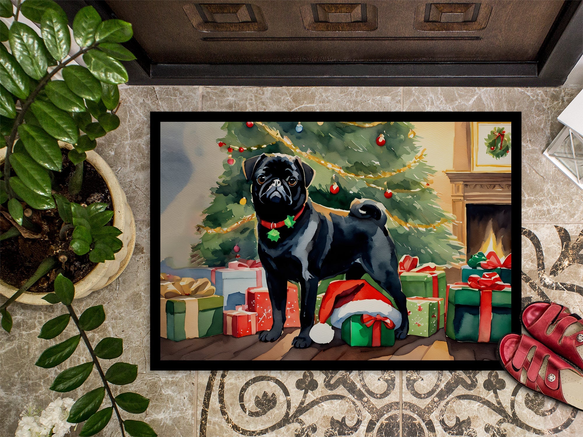Pug Cozy Christmas Doormat Indoor Outdoor 24H X 36W Front Door Mat Rugs for Entryway, Non Slip Washable Low Pile,