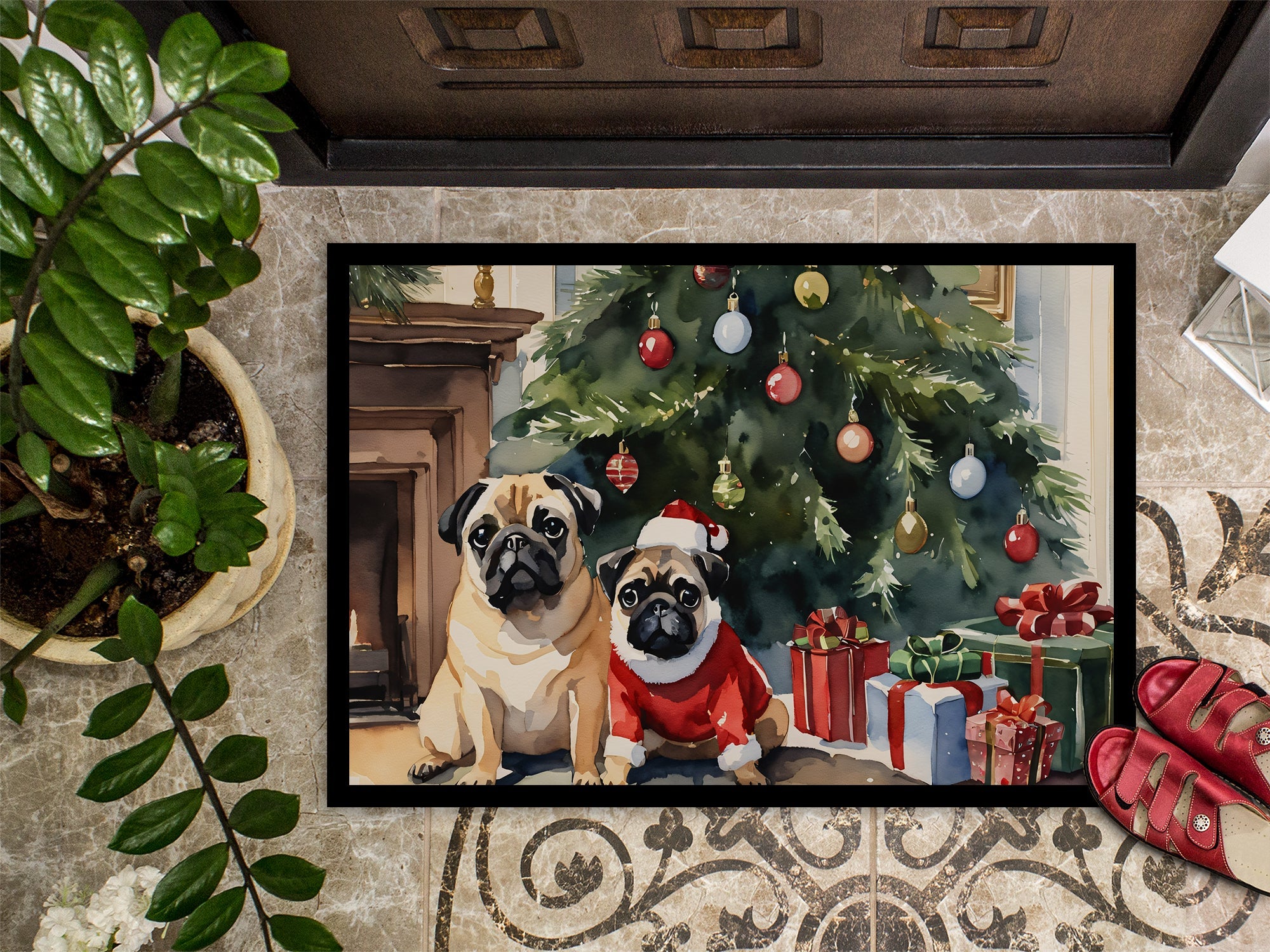 Pug Cozy Christmas Doormat Indoor Outdoor 24H X 36W Front Door Mat Rugs for Entryway, Non Slip Washable Low Pile,