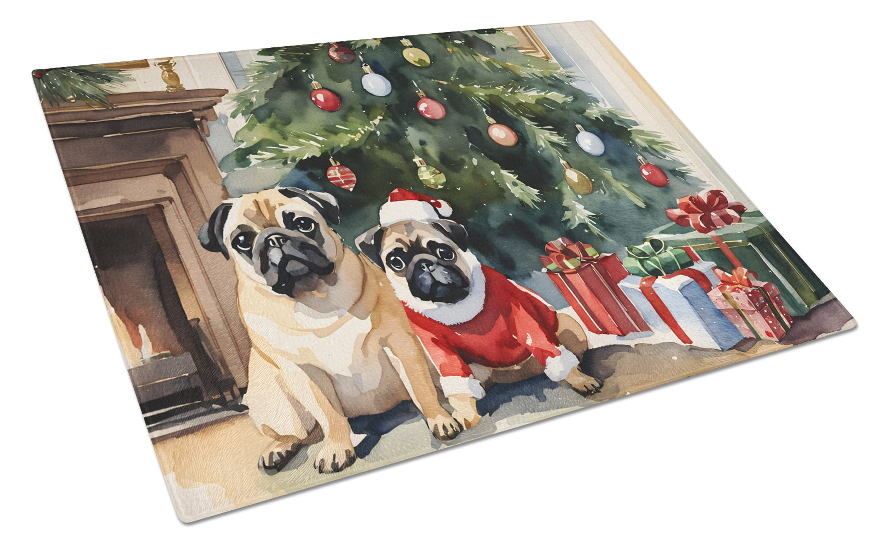 Pug Cozy Christmas Cutting Board Tempered Glass Kitchen Cutting Surface, Heat Resistant Chopping, Non-Slip Feet, Food Prep & Serving