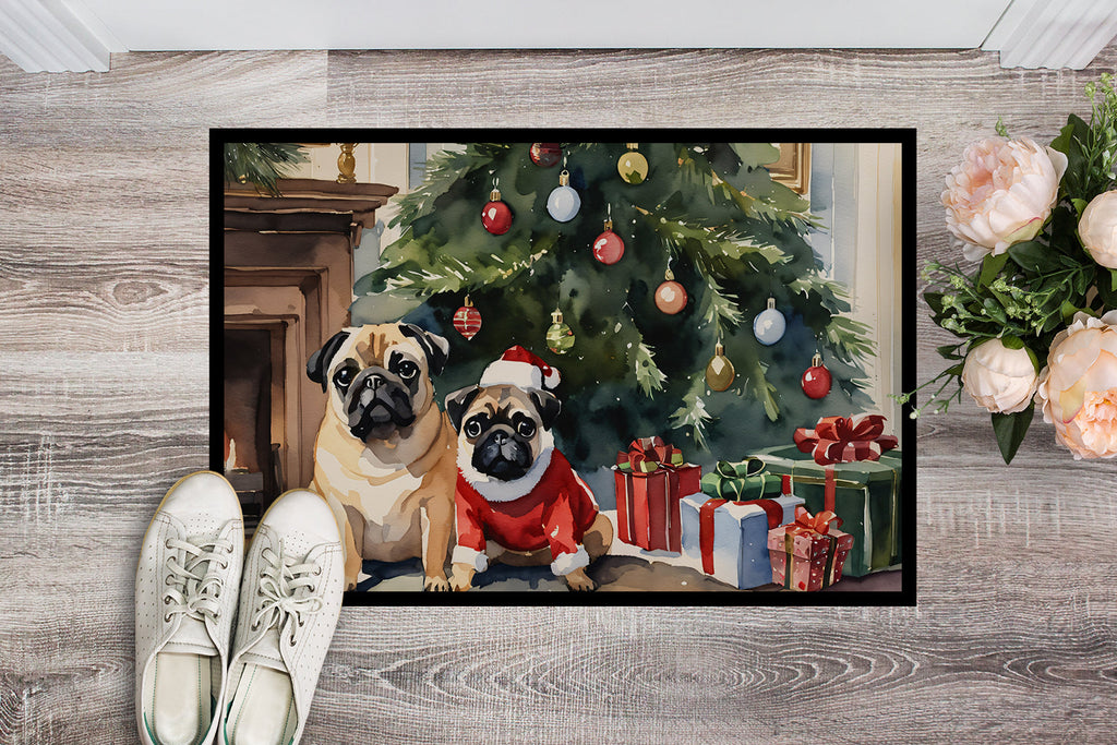 Pug Cozy Christmas Doormat Indoor Outdoor 18H X 27W Front Door Mat Rugs for Entryway, Non Slip Washable
