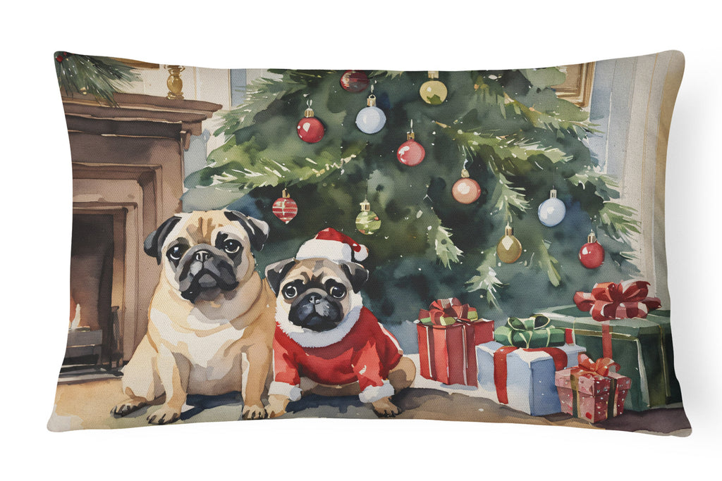 Pug Cozy Christmas Decorative Throw Pillow 12x16 Indoor Outdoor Accent Cushion, Fabric Cover with Insert for Sofa, Bed, Porch & Living Room