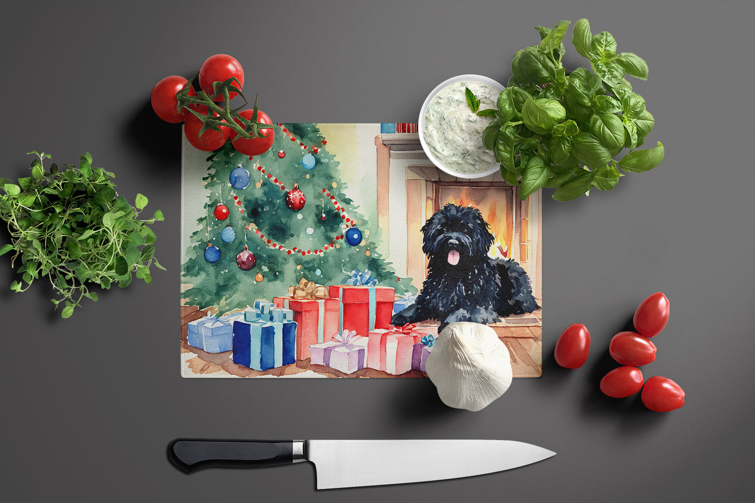 Puli Cozy Christmas Cutting Board Tempered Glass Kitchen Cutting Surface, Heat Resistant Chopping, Non-Slip Feet, Food Prep & Serving