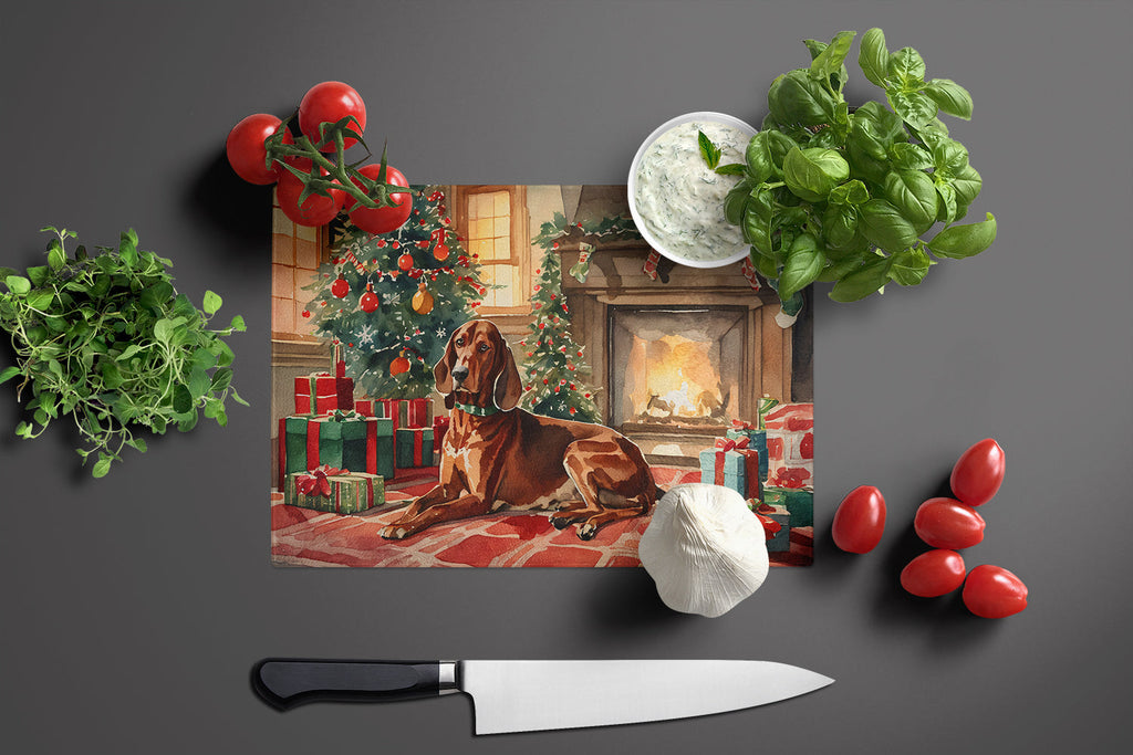 Redbone Coonhound Cozy Christmas Cutting Board Tempered Glass Kitchen Cutting Surface, Heat Resistant Chopping, Non-Slip Feet, Food Prep & Serving