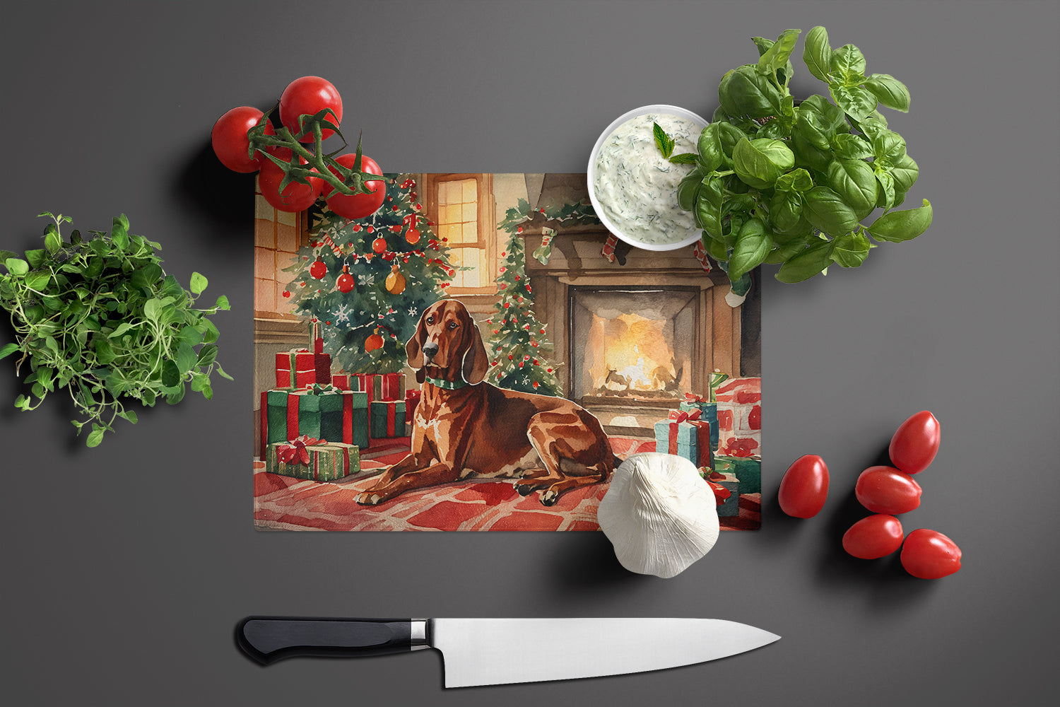 Redbone Coonhound Cozy Christmas Cutting Board Tempered Glass Kitchen Cutting Surface, Heat Resistant Chopping, Non-Slip Feet, Food Prep & Serving