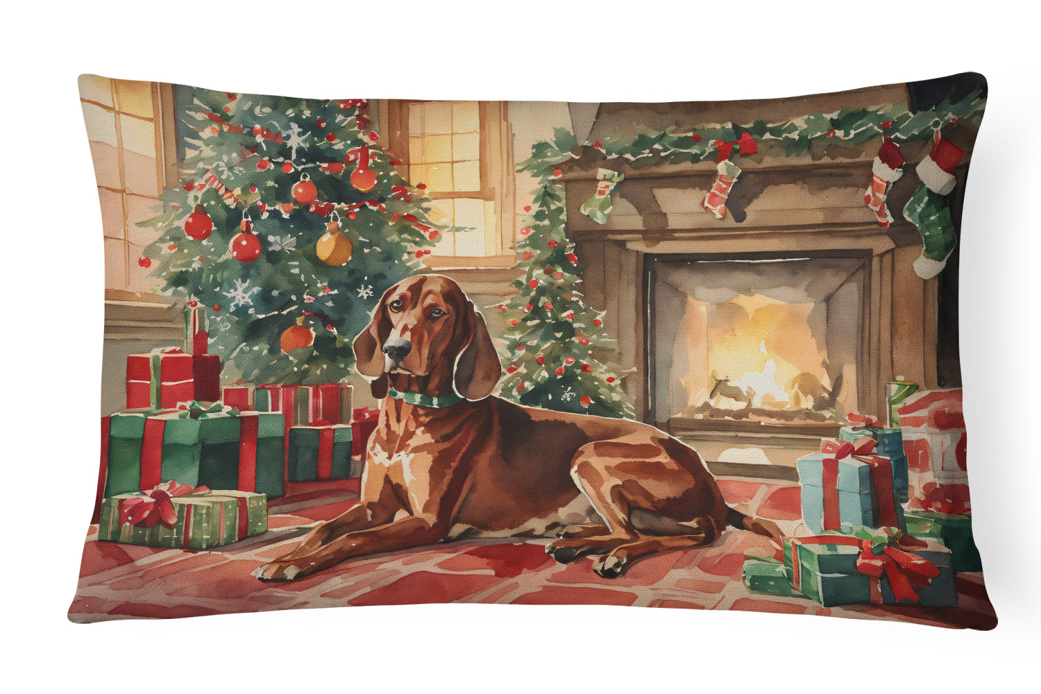 Redbone Coonhound Cozy Christmas Decorative Throw Pillow 12x16 Indoor Outdoor Accent Cushion, Fabric Cover with Insert for Sofa, Bed, Porch & Living Room