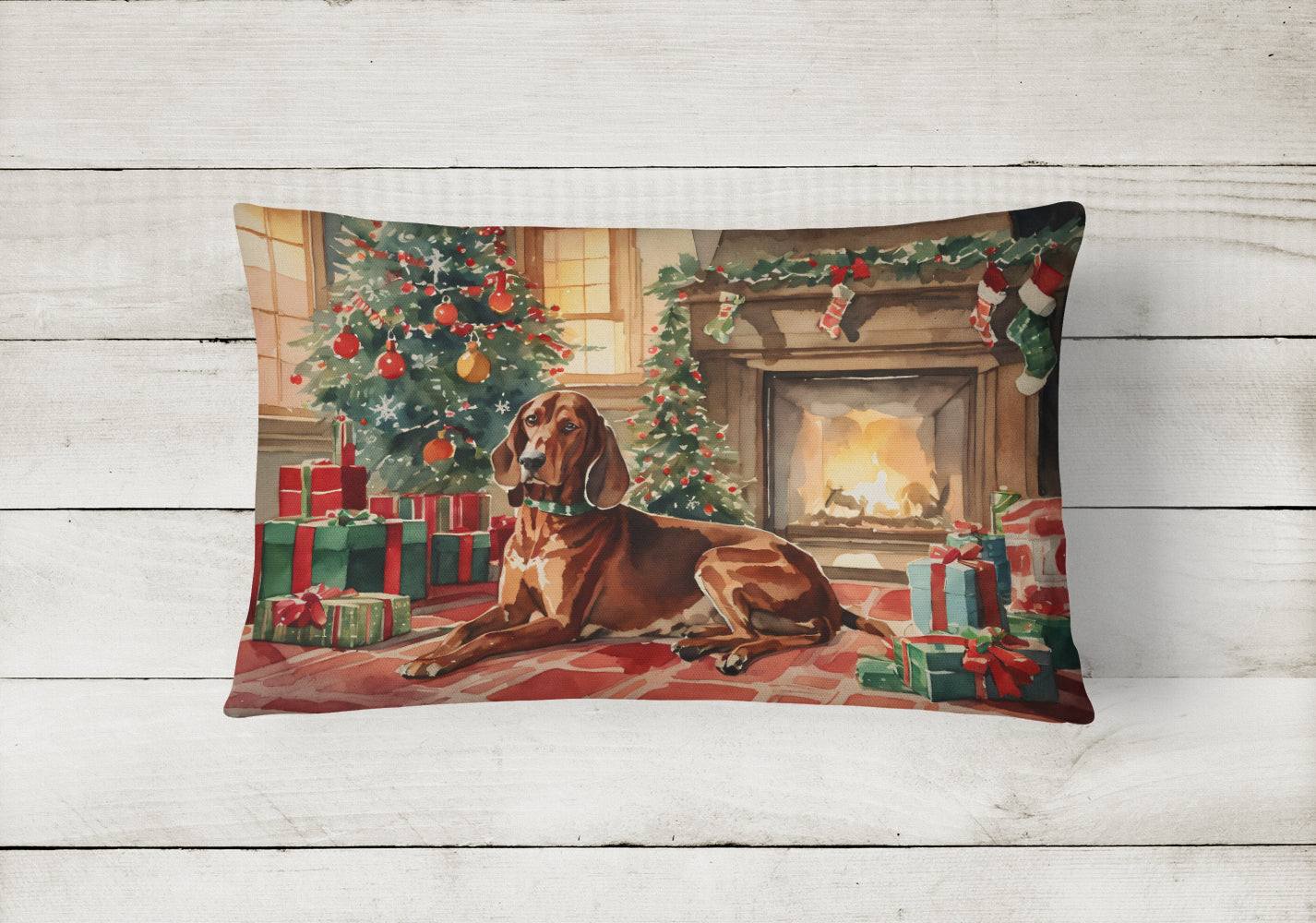 Redbone Coonhound Cozy Christmas Decorative Throw Pillow 12x16 Indoor Outdoor Accent Cushion, Fabric Cover with Insert for Sofa, Bed, Porch & Living Room
