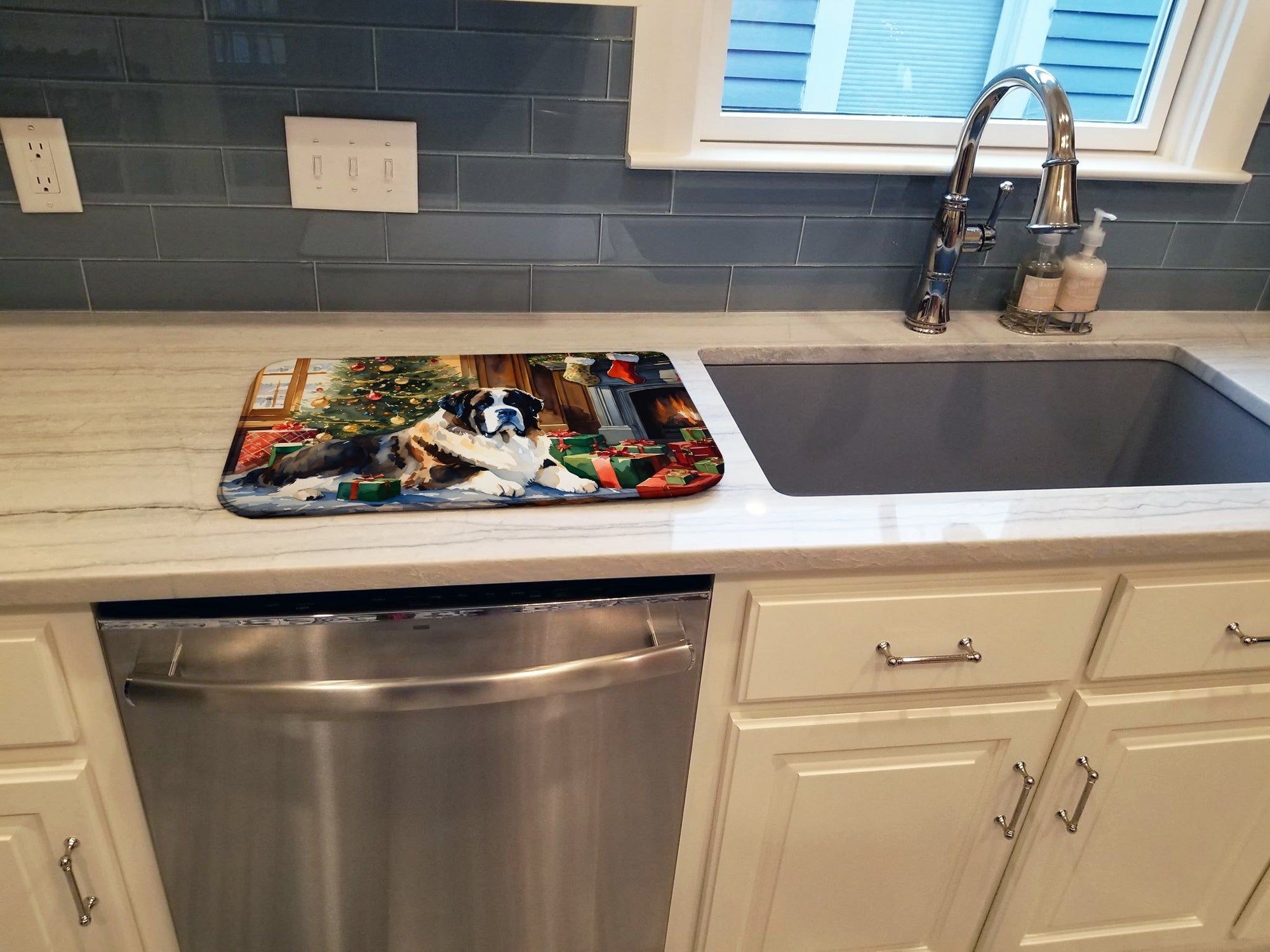 Saint Bernard Cozy Christmas Dish Drying Mat Absorbent Dish Drying Mat Pad for Kitchen Counter Dish Drainer Mat for Countertop, 14 x 21", Multicolor