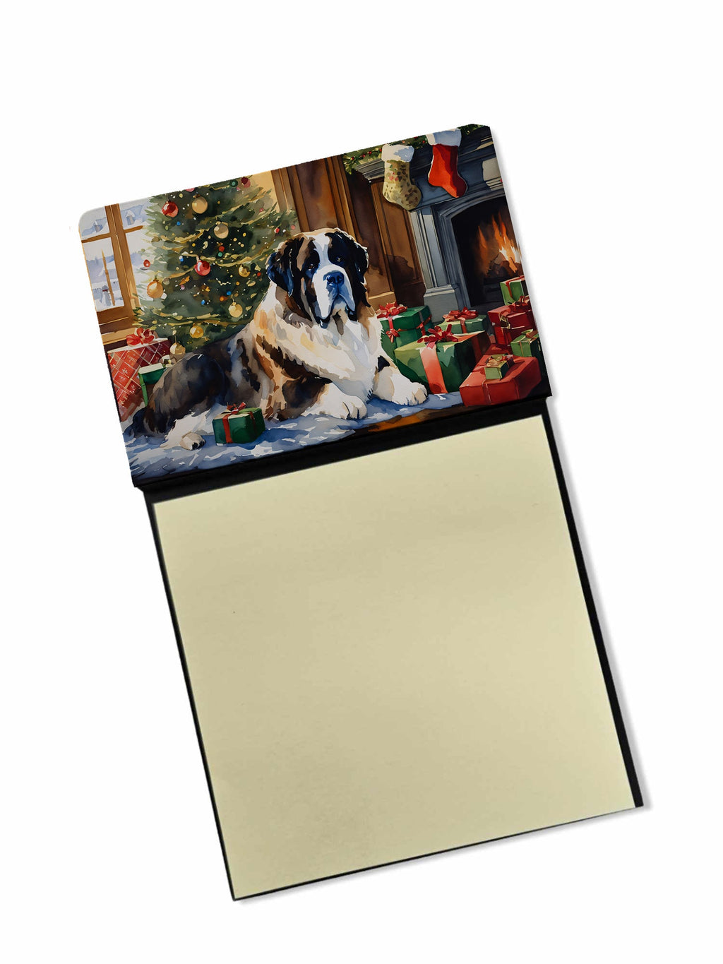 Saint Bernard Cozy Christmas Watercolor Sticky Note Holder Refillable Dispenser Desk Accessory 3x3 Pad Gift