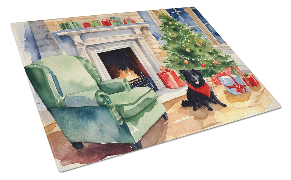 Schipperke Cozy Christmas Cutting Board Tempered Glass Kitchen Cutting Surface, Heat Resistant Chopping, Non-Slip Feet, Food Prep & Serving