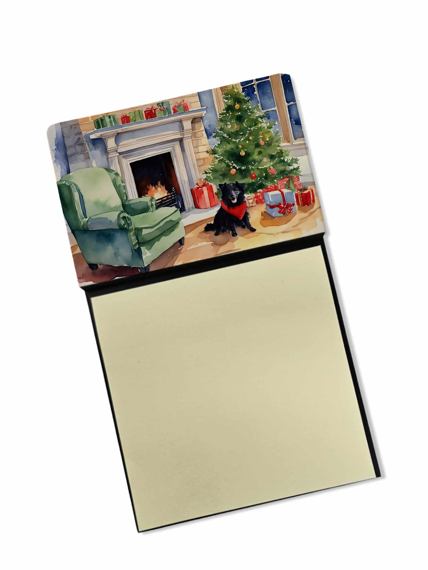 Schipperke Cozy Christmas Watercolor Sticky Note Holder Refillable Dispenser Desk Accessory 3x3 Pad Gift