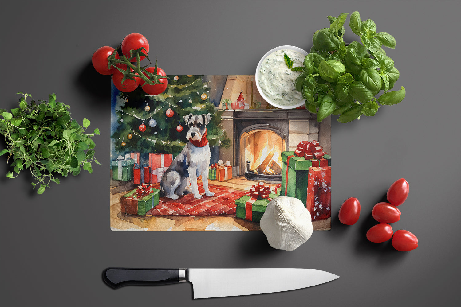 Schnauzer Cozy Christmas Cutting Board Tempered Glass Kitchen Cutting Surface, Heat Resistant Chopping, Non-Slip Feet, Food Prep & Serving