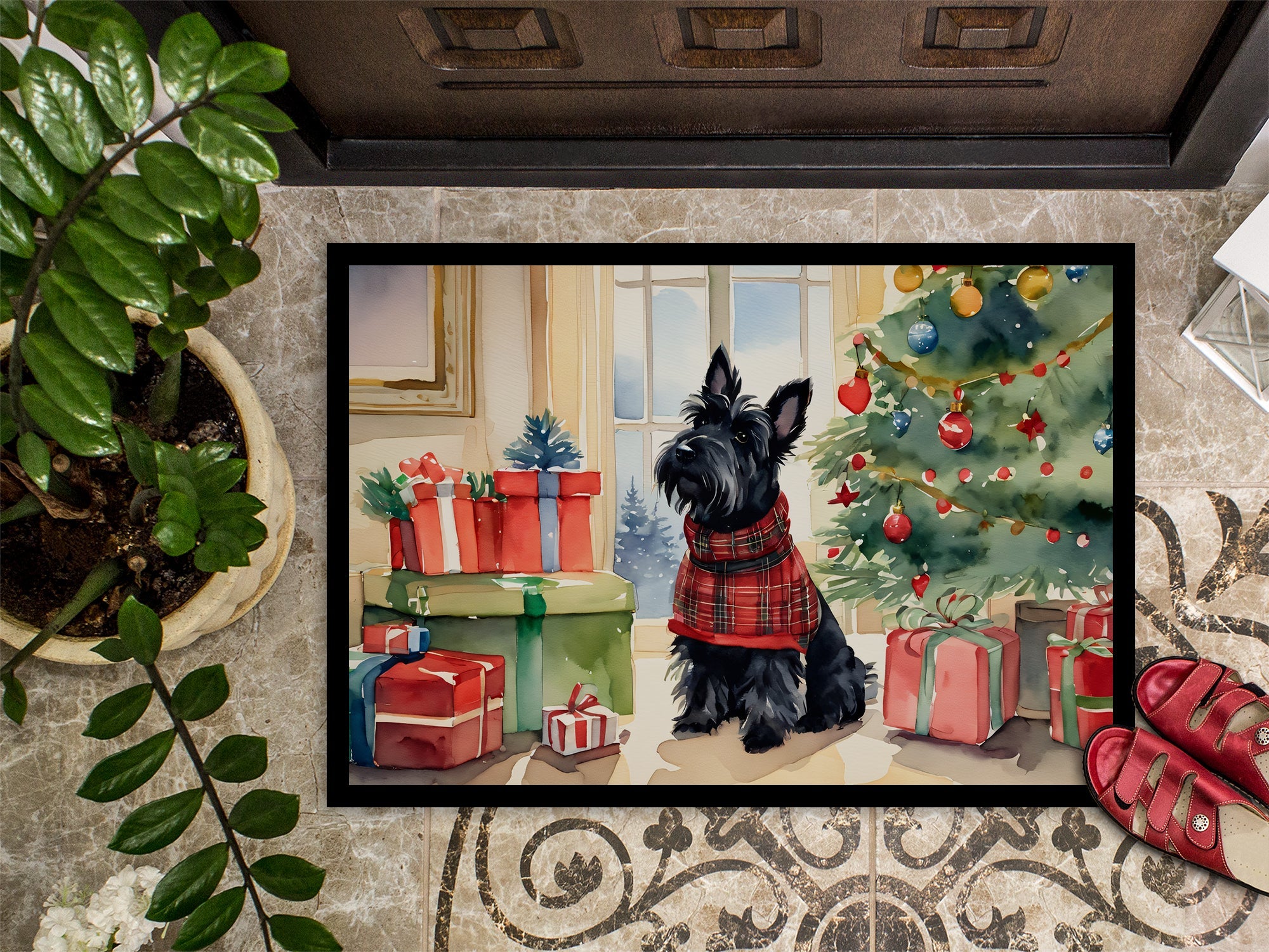 Scottish Terrier Cozy Christmas Doormat Indoor Outdoor 18H X 27W Front Door Mat Rugs for Entryway, Non Slip Washable