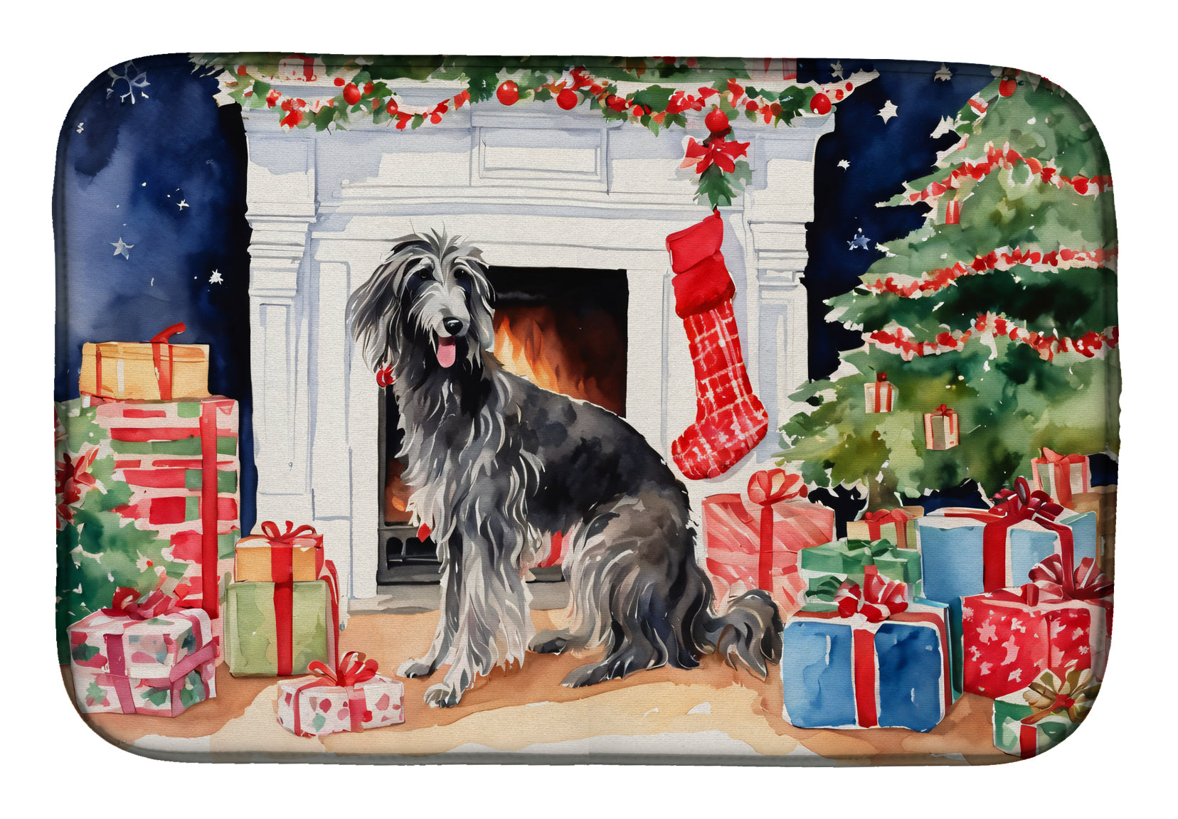 Scottish Deerhound Cozy Christmas Dish Drying Mat Absorbent Dish Drying Mat Pad for Kitchen Counter Dish Drainer Mat for Countertop, 14 x 21", Multicolor