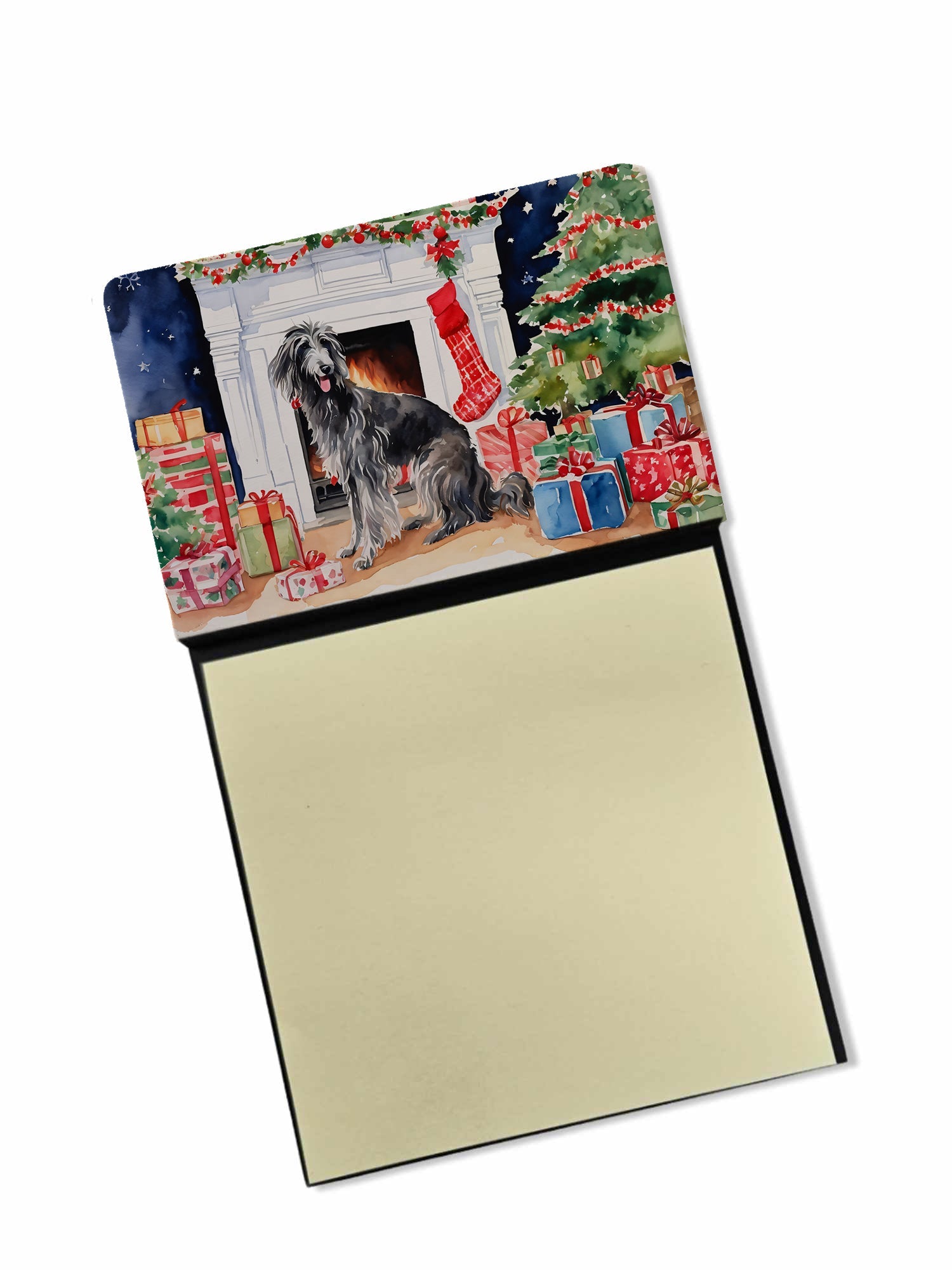Scottish Deerhound Cozy Christmas Watercolor Sticky Note Holder Refillable Dispenser Desk Accessory 3x3 Pad Gift