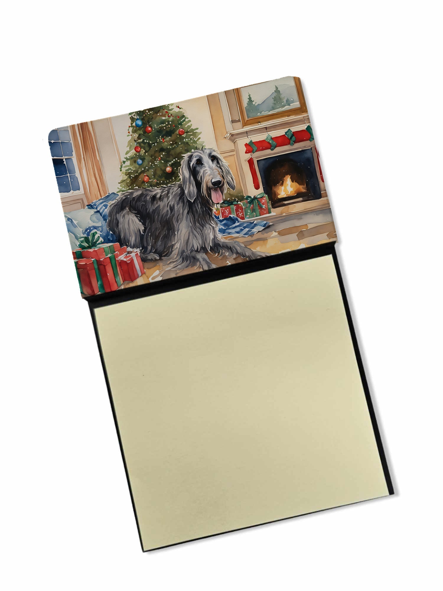 Scottish Deerhound Cozy Christmas Watercolor Sticky Note Holder Refillable Dispenser Desk Accessory 3x3 Pad Gift