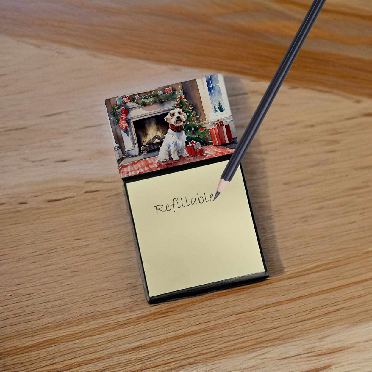 Sealyham Terrier Cozy Christmas Watercolor Sticky Note Holder Refillable Dispenser Desk Accessory 3x3 Pad Gift