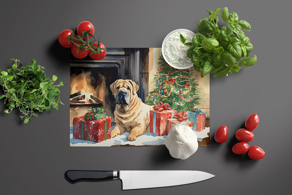 Shar Pei Cozy Christmas Cutting Board Tempered Glass Kitchen Cutting Surface, Heat Resistant Chopping, Non-Slip Feet, Food Prep & Serving