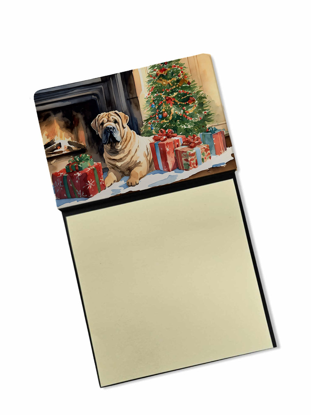Shar Pei Cozy Christmas Watercolor Sticky Note Holder Refillable Dispenser Desk Accessory 3x3 Pad Gift