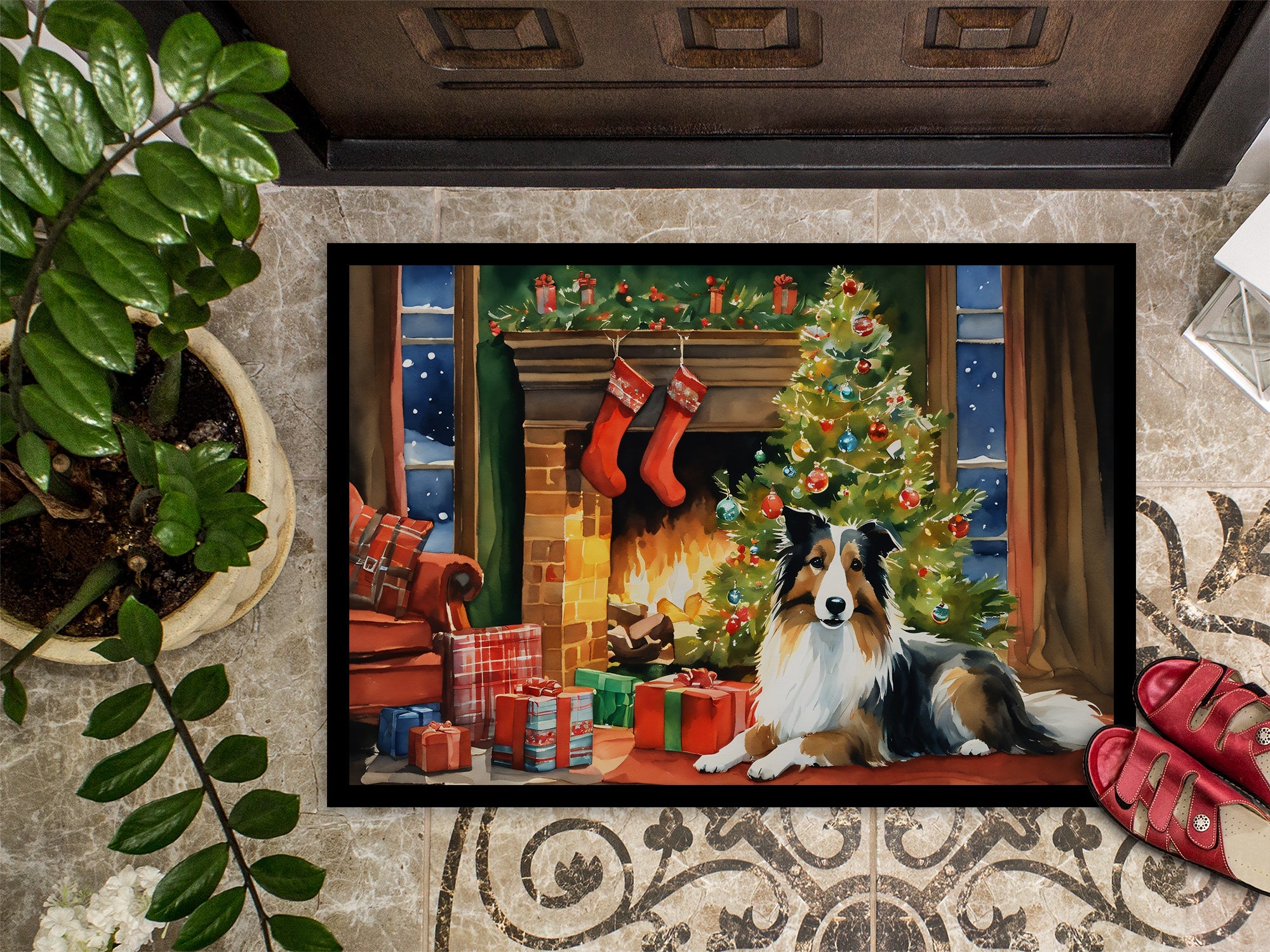 Sheltie Cozy Christmas Doormat Indoor Outdoor 18H X 27W Front Door Mat Rugs for Entryway, Non Slip Washable