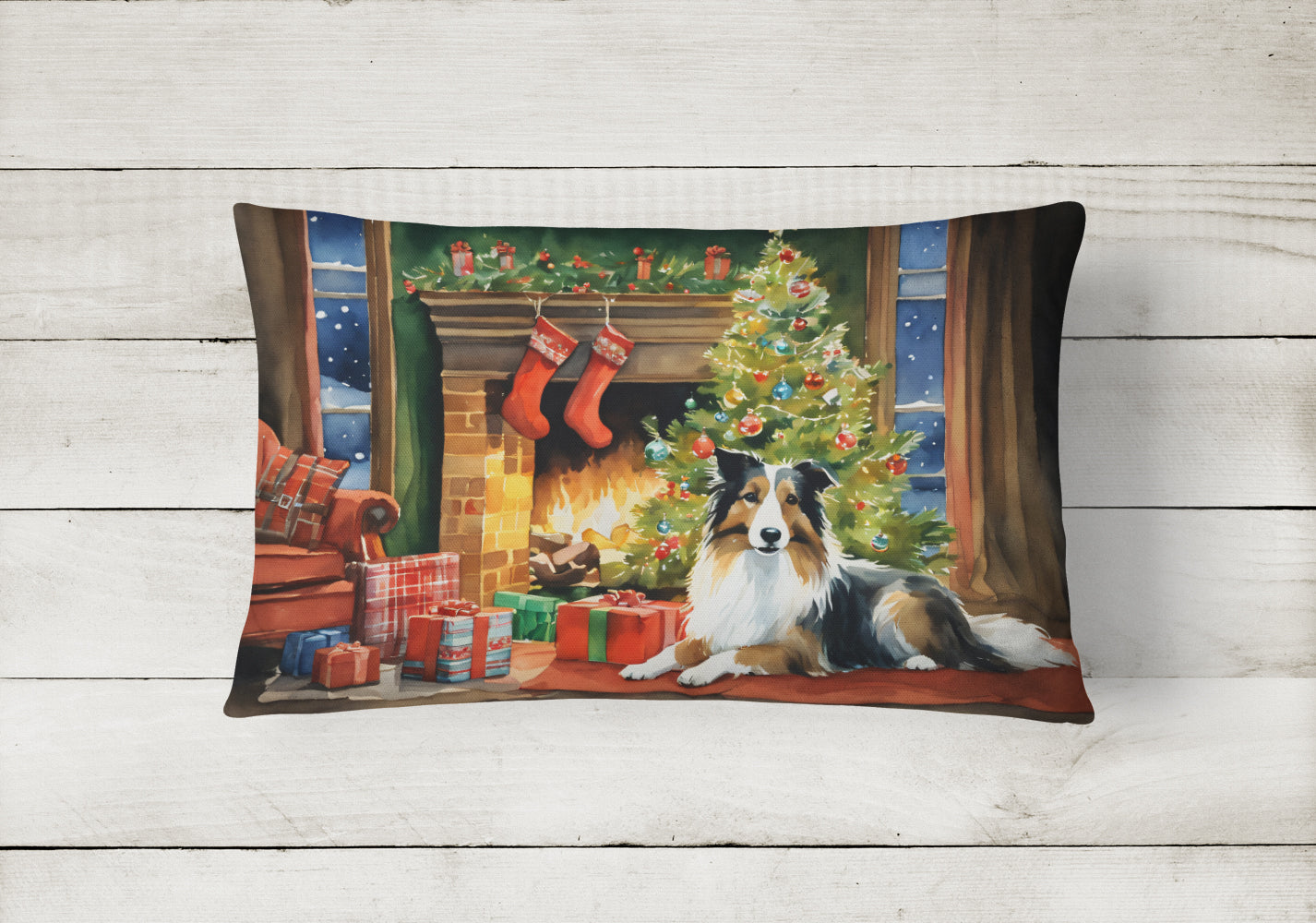 Sheltie Cozy Christmas Decorative Throw Pillow 12x16 Indoor Outdoor Accent Cushion, Fabric Cover with Insert for Sofa, Bed, Porch & Living Room