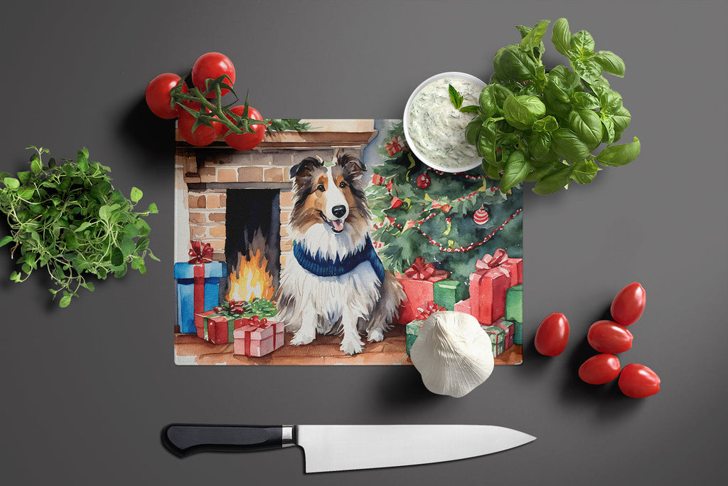 Sheltie Cozy Christmas Cutting Board Tempered Glass Kitchen Cutting Surface, Heat Resistant Chopping, Non-Slip Feet, Food Prep & Serving