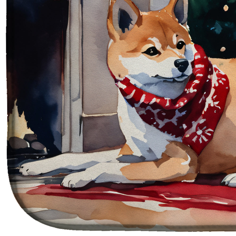 Shiba Inu Cozy Christmas Dish Drying Mat Absorbent Dish Drying Mat Pad for Kitchen Counter Dish Drainer Mat for Countertop, 14 x 21", Multicolor