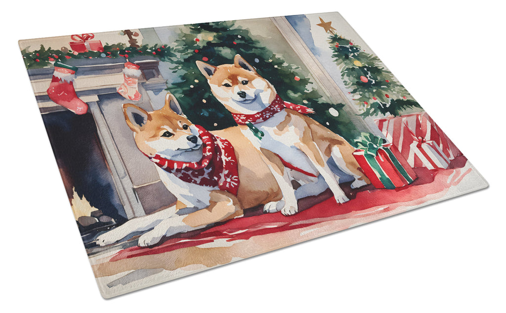 Shiba Inu Cozy Christmas Cutting Board Tempered Glass Kitchen Cutting Surface, Heat Resistant Chopping, Non-Slip Feet, Food Prep & Serving