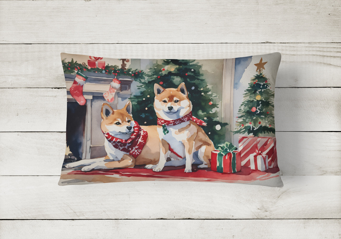 Shiba Inu Cozy Christmas Decorative Throw Pillow 12x16 Indoor Outdoor Accent Cushion, Fabric Cover with Insert for Sofa, Bed, Porch & Living Room